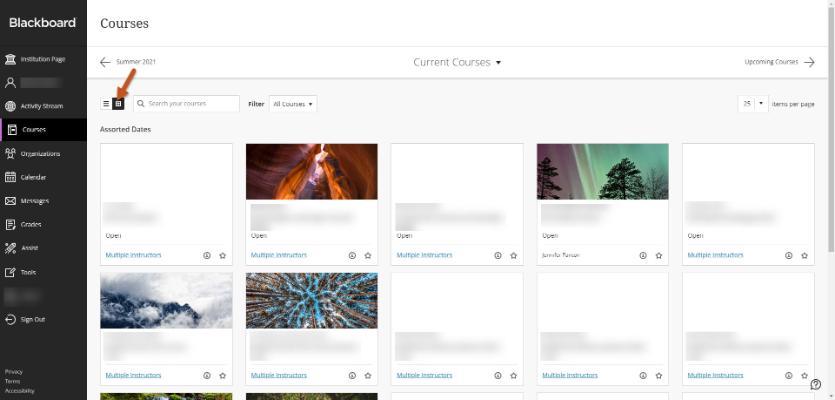 Screenshot of Blackboard Ultra Courses viewed in tile formation