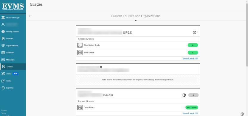 Screenshot of student grades pages in Blackboard Ultra