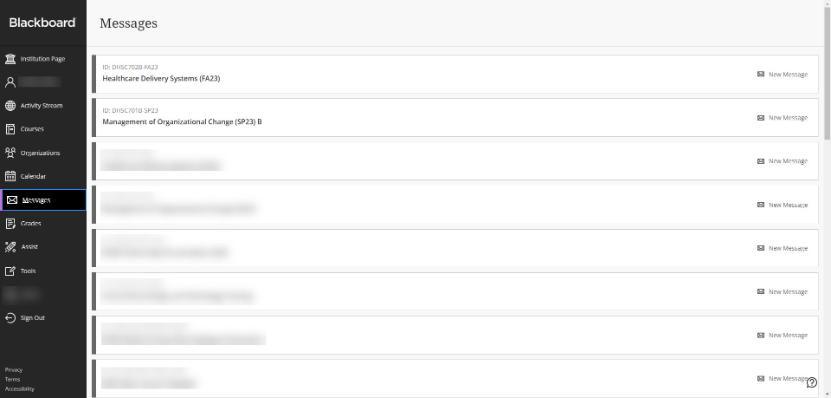 Screenshot of Blackboard ultra messages page