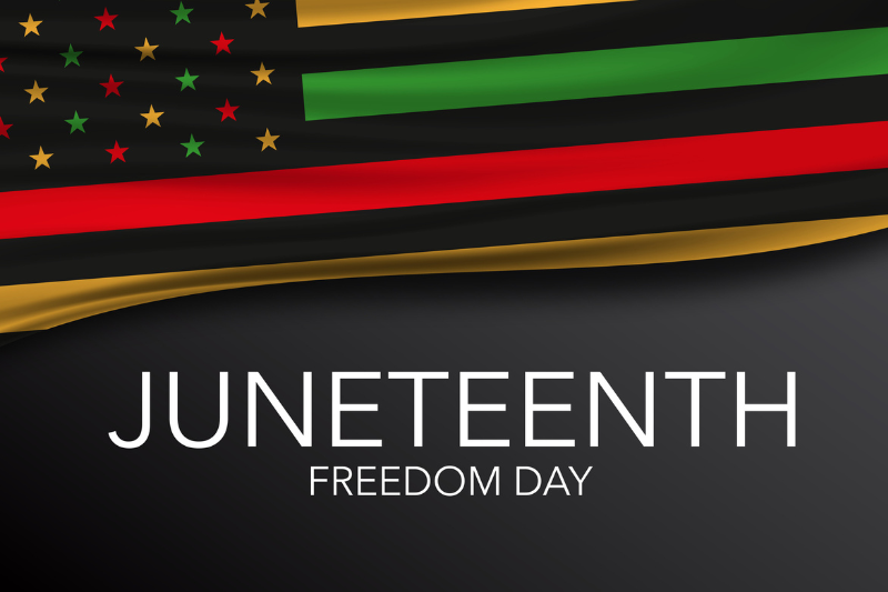 Green, red, yellow and black flag image with the words Juneteenth Freedom Day