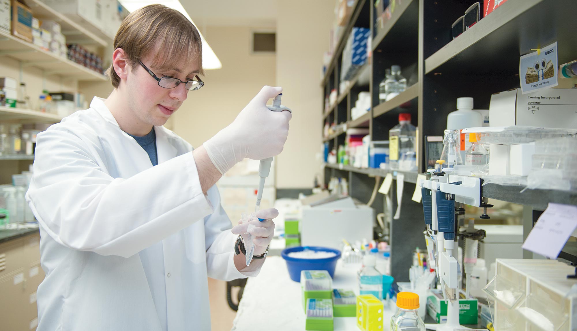 A student uses a pipette while working in the lab.