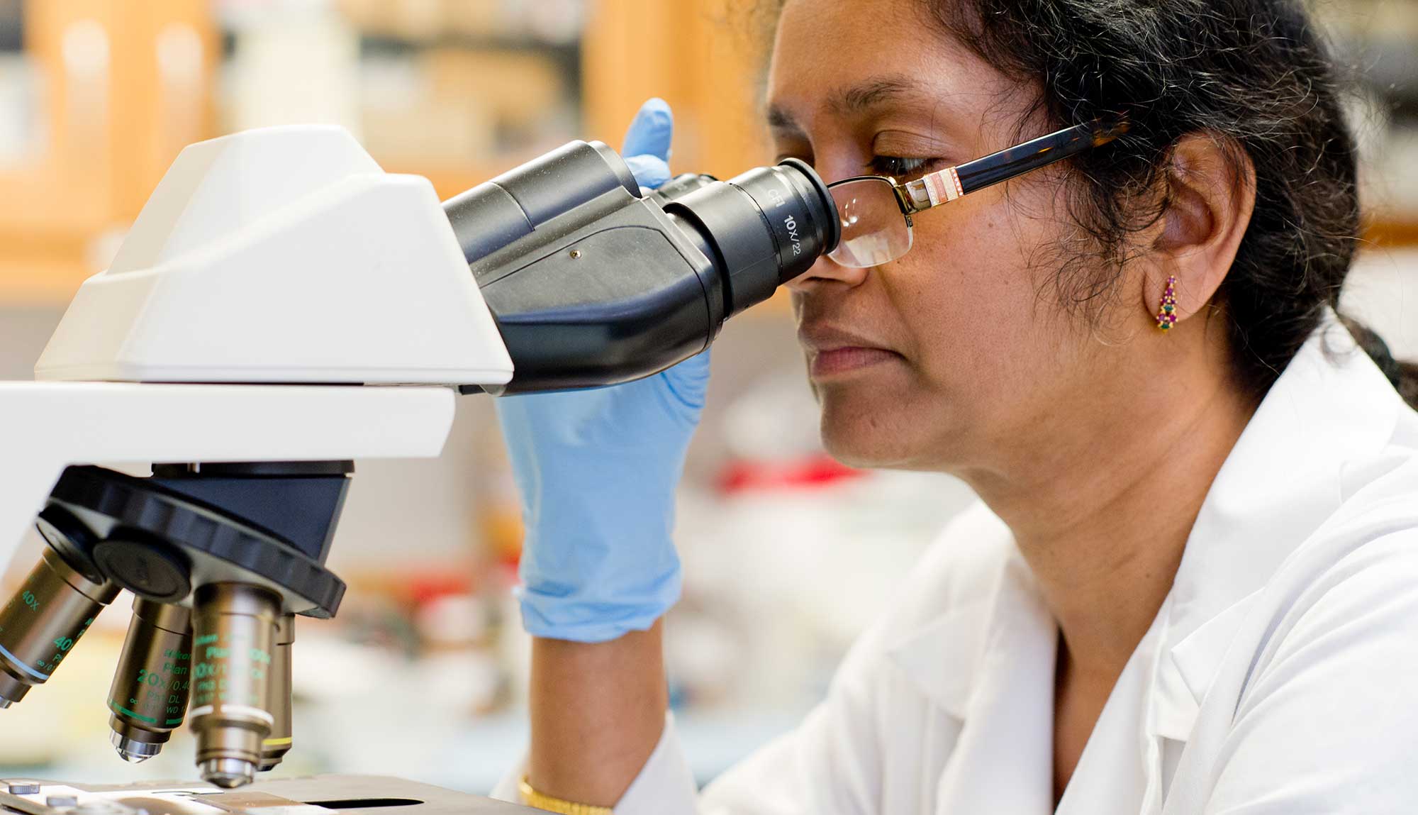 A lab associate studies a sample under a microscope.